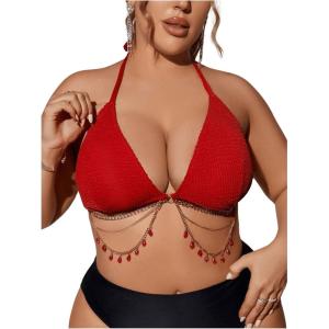 image:imageMakeMeChic Womens Plus Size Bikini Top Halter Triangle Tie Backless Swimwear Swim TopsRed