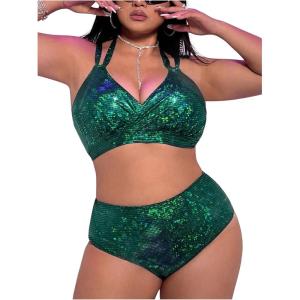 image:imageMakeMeChic Womens Plus Size Two Piece Halter Swimsuit Sequin Sparkly Wrap High Waisted Bikini SetsGreen