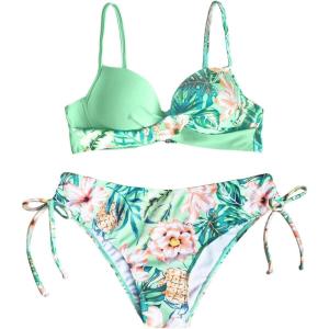 image:imageMakeMeChic Womens 2 Piece Bikini Set Tropical Print Wrap Push Up Spaghetti Strap Tie Side Bathing SuitMulticolor