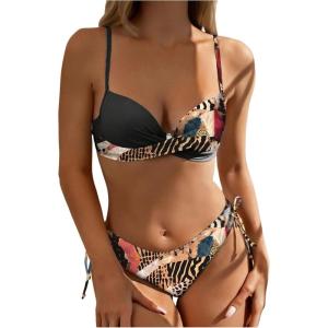 image:imageMakeMeChic Womens 2 Piece Bikini Set Tropical Print Wrap Push Up Spaghetti Strap Tie Side Bathing SuitMulticolor Aa