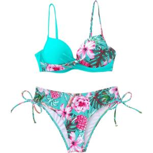 image:imageMakeMeChic Womens 2 Piece Bikini Set Tropical Print Wrap Push Up Spaghetti Strap Tie Side Bathing SuitMulticolor B