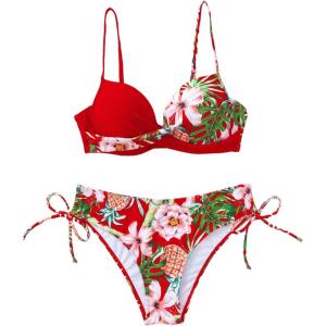 image:imageMakeMeChic Womens 2 Piece Bikini Set Tropical Print Wrap Push Up Spaghetti Strap Tie Side Bathing SuitMulticolor C