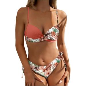 image:imageMakeMeChic Womens 2 Piece Bikini Set Tropical Print Wrap Push Up Spaghetti Strap Tie Side Bathing SuitRusty Rose