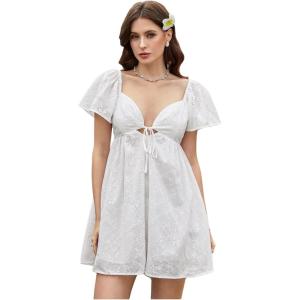 image:imageMakeMeChic Womens Casual Ruffle Mini Dress Summer Flutter Sleeve V Neck Tie Front Cutout A Line DressWhite
