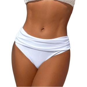 image:imageMakeMeChic Womens Ruched Bikini Bottoms Mid Waisted Full Coverage Swimsuit BottomWhite