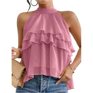 image:imageMakeMeChic Womens Chiffon Halter Tops Tiered Ruffle Hem Sleeveless Blouse ShirtPink