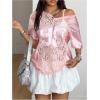 image:imageMakeMeChic Lace Jersey Shirts for Women V Neck Letter Graphic Tee Oversized Sheer TopsPink