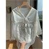 image:imageMakeMeChic Lace Jersey Shirts for Women V Neck Letter Graphic Tee Oversized Sheer TopsWhite