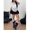 image:imageMakeMeChic Lace Jersey Shirts for Women V Neck Letter Graphic Tee Oversized Sheer TopsWhite Sheer