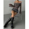 image:imageMakeMeChic Womens Cheetah Print Tops Y2K Off The Shoulder Long Sleeve Fall Going Out Tops Mesh Crop Cowgirl OutitsMulticolor