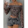 image:imageMakeMeChic Womens Cheetah Print Tops Y2K Off The Shoulder Long Sleeve Fall Going Out Tops Mesh Crop Cowgirl OutitsMulticolor