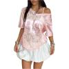 image:imageMakeMeChic Lace Jersey Shirts for Women V Neck Letter Graphic Tee Oversized Sheer TopsPink