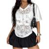 image:imageMakeMeChic Lace Jersey Shirts for Women V Neck Letter Graphic Tee Oversized Sheer TopsWhite Sheer