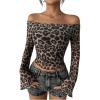 image:imageMakeMeChic Womens Cheetah Print Tops Y2K Off The Shoulder Long Sleeve Fall Going Out Tops Mesh Crop Cowgirl OutitsMulticolor