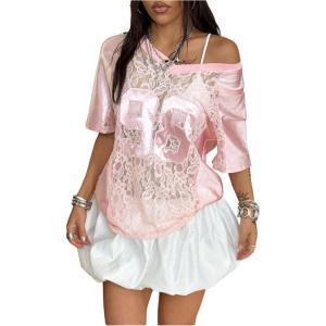 image:imageMakeMeChic Lace Jersey Shirts for Women V Neck Letter Graphic Tee Oversized Sheer TopsPink
