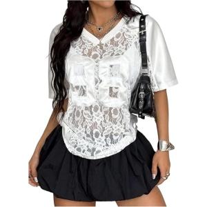 image:imageMakeMeChic Lace Jersey Shirts for Women V Neck Letter Graphic Tee Oversized Sheer TopsWhite Sheer