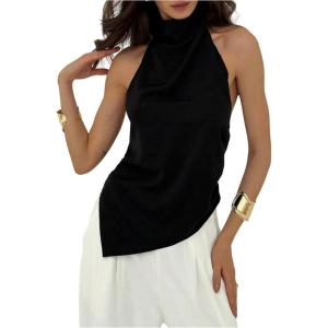 image:imageMakeMeChic Womens Asymmetrical Halter Tops Y2k Open Back Going Out TopsBlack