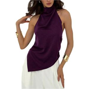 image:imageMakeMeChic Womens Asymmetrical Halter Tops Y2k Open Back Going Out TopsPurple