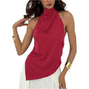 image:imageMakeMeChic Womens Asymmetrical Halter Tops Y2k Open Back Going Out TopsRed