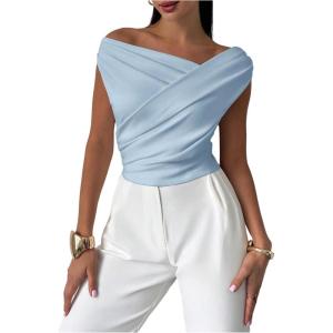 image:imageMakeMeChic Womens Dressy Wrap Tops Off The Shoulder Tops Summer Asymmetrical TopsBlue