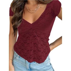 image:imageMakeMeChic Womens Lace Sheer Tops Y2k T Shirt Short Sleeve Going Out Crop TopsBurgundy