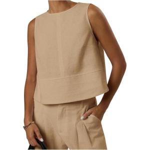 image:imageMakeMeChic Womens Linen Shirts Dressy Tops Summer Crop Tank Tops Sleeveless Blouse Work ShirtsApricot