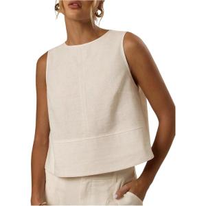image:imageMakeMeChic Womens Linen Shirts Dressy Tops Summer Crop Tank Tops Sleeveless Blouse Work ShirtsBeige