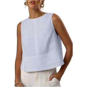image:imageMakeMeChic Womens Linen Shirts Dressy Tops Summer Crop Tank Tops Sleeveless Blouse Work ShirtsBlue