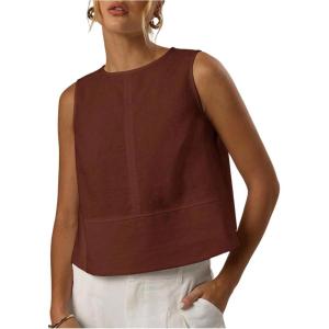 image:imageMakeMeChic Womens Linen Shirts Dressy Tops Summer Crop Tank Tops Sleeveless Blouse Work ShirtsBrown