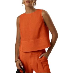image:imageMakeMeChic Womens Linen Shirts Dressy Tops Summer Crop Tank Tops Sleeveless Blouse Work ShirtsOrange