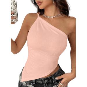 image:imageMakeMeChic Womens One Shoulder Tops Y2k Asymmetrical Sleeveless Summer Going Out Tank TopPink
