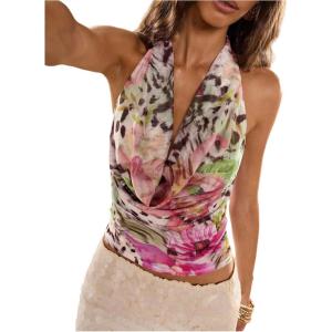 image:imageMakeMeChic Womens Sexy Y2k Cowl Neck Halter Tops Summer Vacation Backless Crop Going Out TopsFloral and Tiger Print