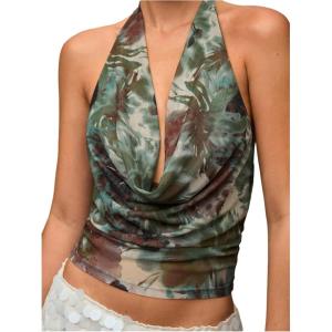 image:imageMakeMeChic Womens Sexy Y2k Cowl Neck Halter Tops Summer Vacation Backless Crop Going Out TopsOlive Green