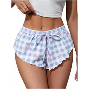 image:imageMAKEMECHIC Womens Pajama Bottoms Floral Print Plaid Tie Front PJ Shorts Slit Hem Cherry Summer Lounge ShortsBlue
