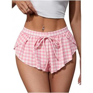 image:imageMAKEMECHIC Womens Pajama Bottoms Floral Print Plaid Tie Front PJ Shorts Slit Hem Cherry Summer Lounge ShortsMulticolor D