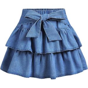 image:imageMakeMeChic Girls Bow Denim Skirt Ruffle Tiered Elastic Waist A Line Cute Mini SkirtsDark Blue