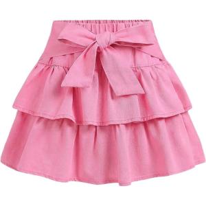 image:imageMakeMeChic Girls Bow Denim Skirt Ruffle Tiered Elastic Waist A Line Cute Mini SkirtsLight Pink