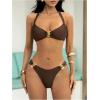 image:imageMakeMeChic Womens 2 Piece Summer Bikini Sets Metal Ring Linked Halter Ruched Beach SwimsuitBrown