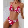 image:imageMakeMeChic Womens 3 Piece Bikini Set Floral Halter Tie Backless Swimsuit with Wrap SkirtRose Red