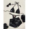 image:imageMakeMeChic Womens 3 Piece Bikini Set Floral Lace Halter Swimming Set Tie Back Swimsuit with Shorts CoverupsBlack