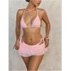 image:imageMakeMeChic Womens 3 Piece Bikini Set Lace Halter Tie Backless Thong Swimsuit with Lace Cover Up SkirtsPink
