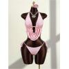 image:imageMakeMeChic Womens 3 Piece Swimsuit Draped Beaded Tie Open Back Halter Bikini Set with Mesh Beach SkirtPink