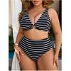 image:imageMakeMeChic Womens Plus Size High Waisted Bikini Set Striped V Neck Ring Tummy Control Bathing Suit SwimsuitBlack and White