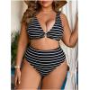 image:imageMakeMeChic Womens Plus Size High Waisted Bikini Set Striped V Neck Ring Tummy Control Bathing Suit SwimsuitBlack and White