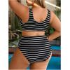 image:imageMakeMeChic Womens Plus Size High Waisted Bikini Set Striped V Neck Ring Tummy Control Bathing Suit SwimsuitBlack and White