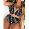 image:imageMakeMeChic Womens Plus Size High Waisted Bikini Set Striped V Neck Ring Tummy Control Bathing Suit SwimsuitBlack and White
