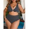 image:imageMakeMeChic Womens Plus Size High Waisted Bikini Set Striped V Neck Ring Tummy Control Bathing Suit SwimsuitBlack and White