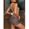 image:imageMakeMeChic Womens Striped Bikini Set Halter Triangle Tie Backless String Swimsuit with BoyshortsBrown