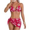 image:imageMakeMeChic Womens 3 Piece Bikini Set Floral Halter Tie Backless Swimsuit with Wrap SkirtRose Red