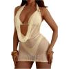 image:imageMakeMeChic Womens 3 Piece Summer Swimsuits Metal 3D Floral Draped Halter Cheeky Boho Sheer Bathing SuitsApricot